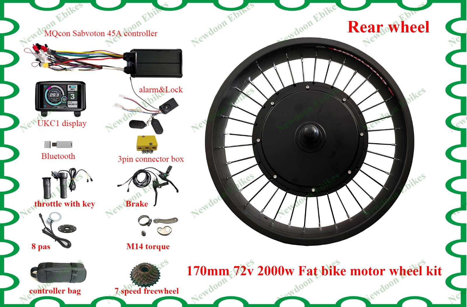 Us stock:170mm Rear 2000W Fat Ebike kit with sabvoton 45A Sine wave controller