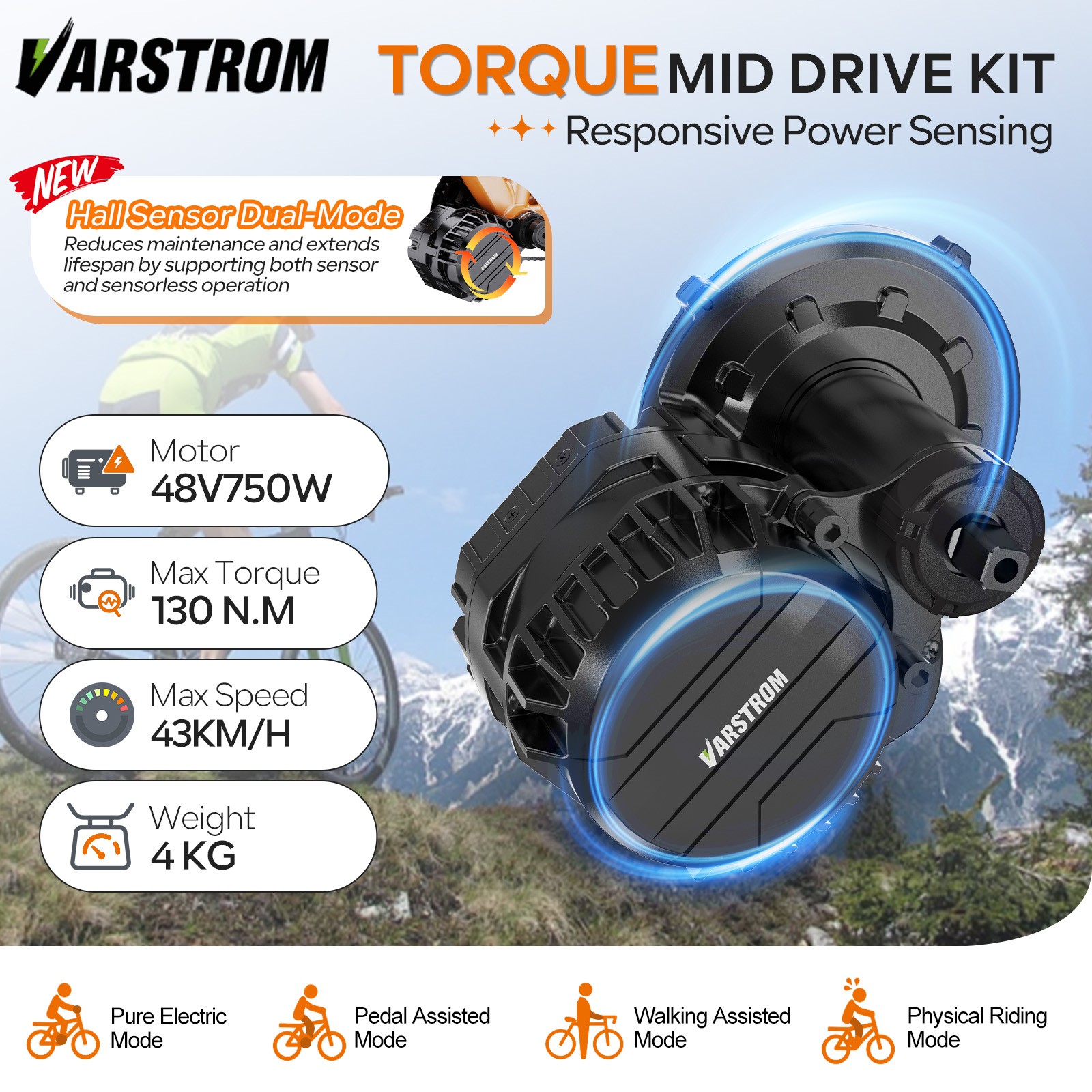 48V750W Varstrom Mid Drive Motor Kit 68-73mm EBike Conversion Kits DZ41 Display