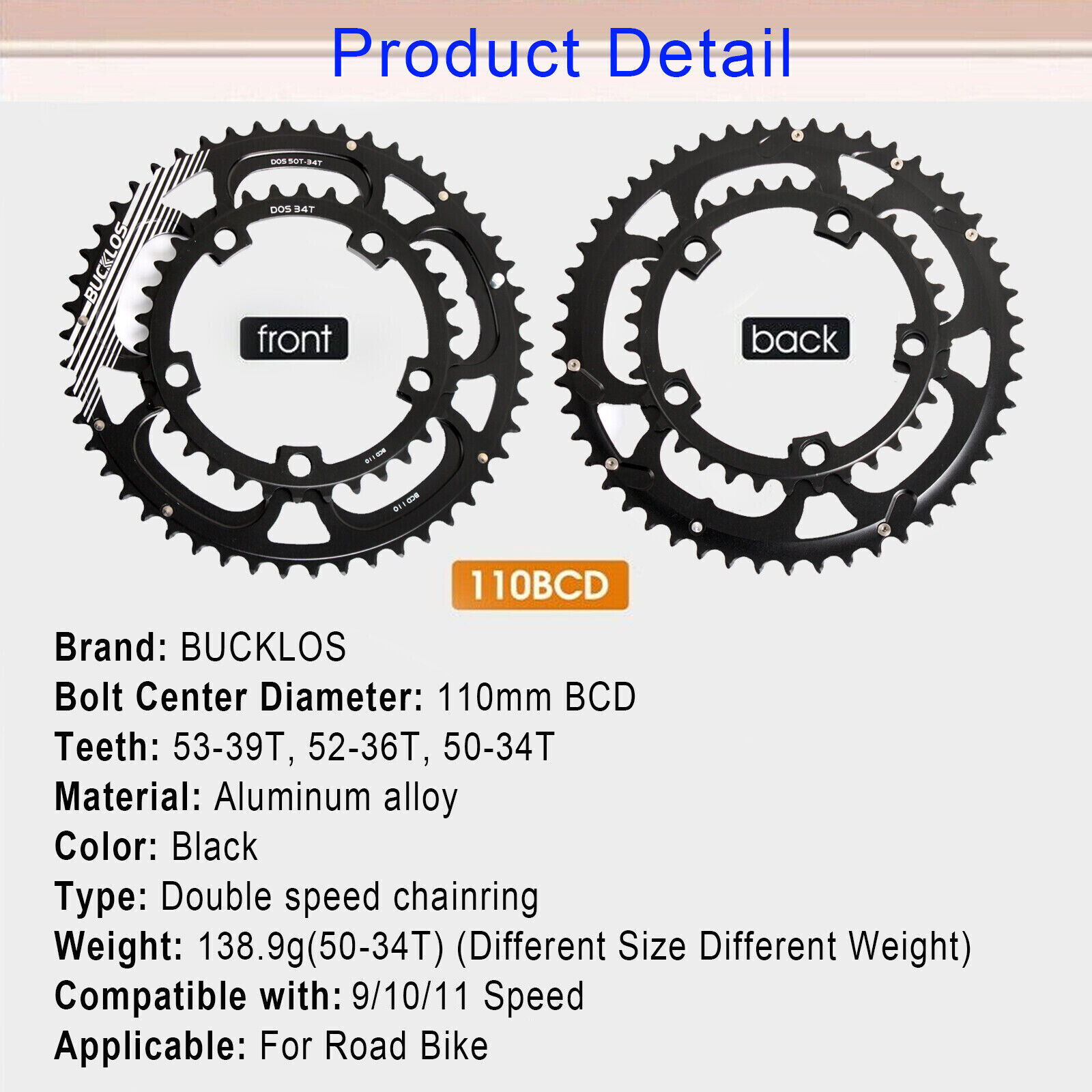 110BCD Double Chainring 34 36 39 50 53 53T Road Bike Round Chain Ring For 8-11S