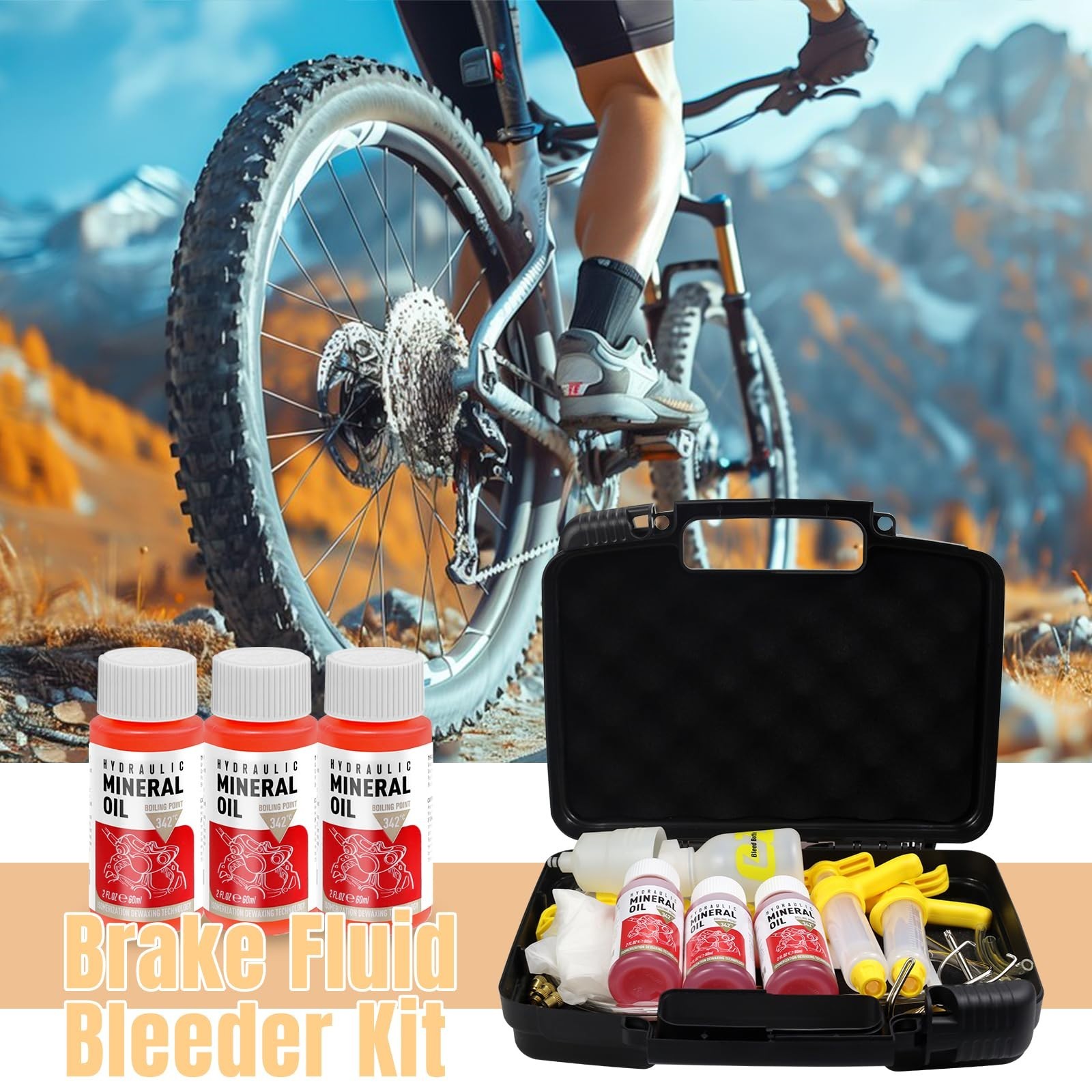 Hydraulic Brake Bleed Kit for MTB/Road Bikes, 180ml Mineral Oil, Metal Adapters