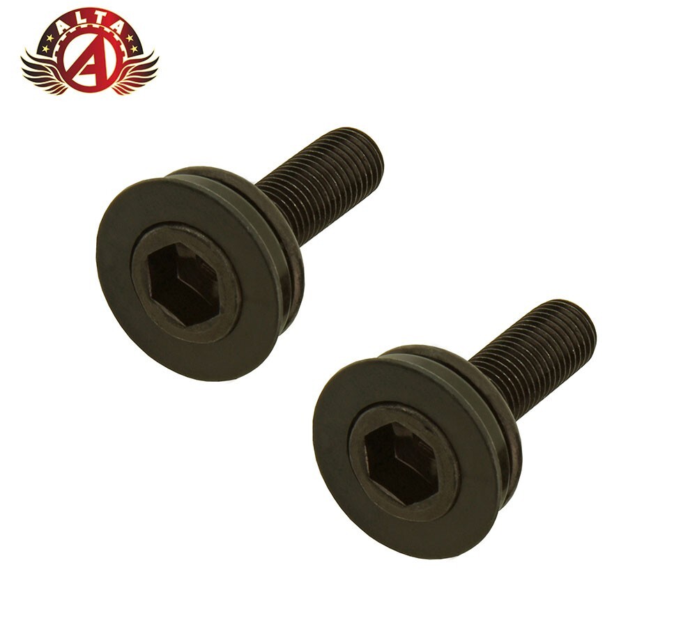 2x ALTA M8x1.0 x 25mm Crank Axle Bolts Black Chromoly w/Pads Pair.