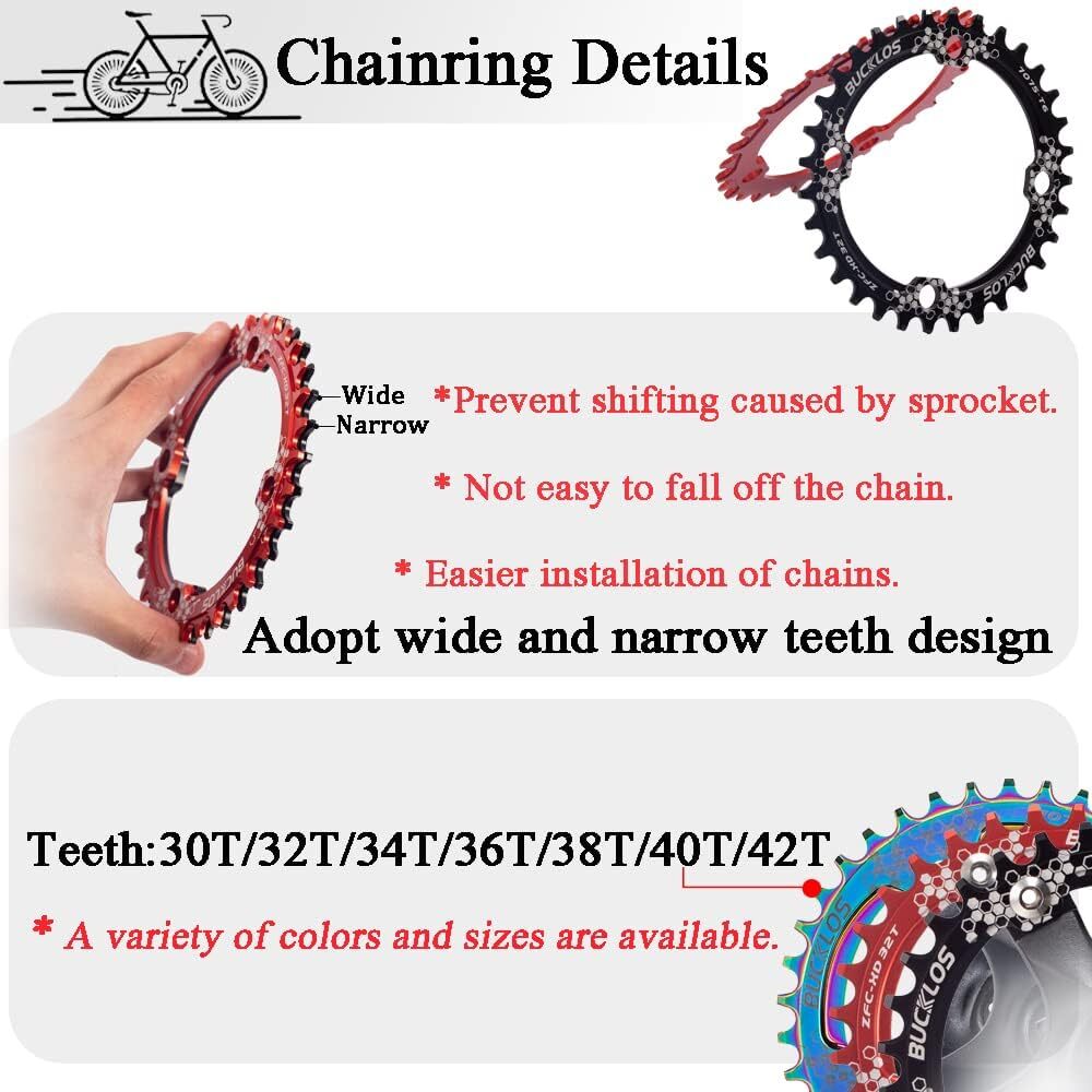 BUCKLOS 104bcd Bike Crank 30-42T Narrow Wide Single Chainring MTB Bike Crankset