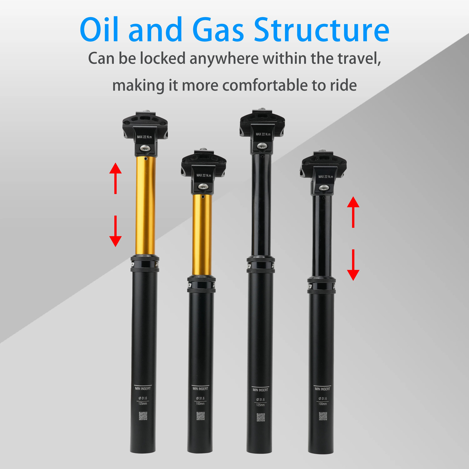 RIRO Bicycle Dropper Seatpost 27.2/30.9/31.6mm 100/125mm Travel Hydraulic Manual