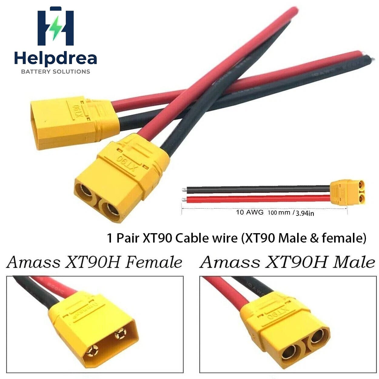 1Pair 10 AWG XT90 Female & Male Connector Terminal Extension Ebike Battery Cable