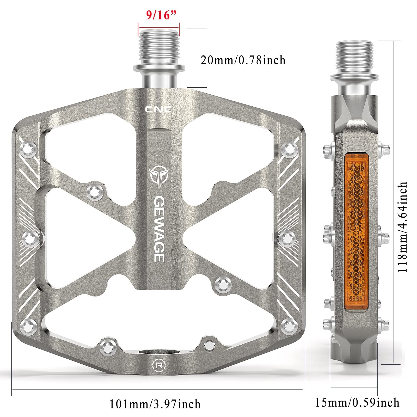 Bike Pedals 9/16 Inch – Bicycle Pedals with Reflectors – 3 Sealed Bearings MT…