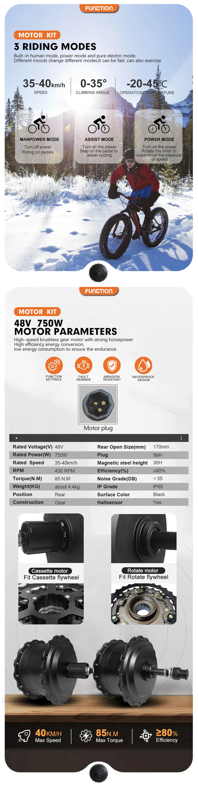 48V 750W 20 24 26er Snow E-bike Fat Brushless Front/Rear Hub Motor Dropout 170mm