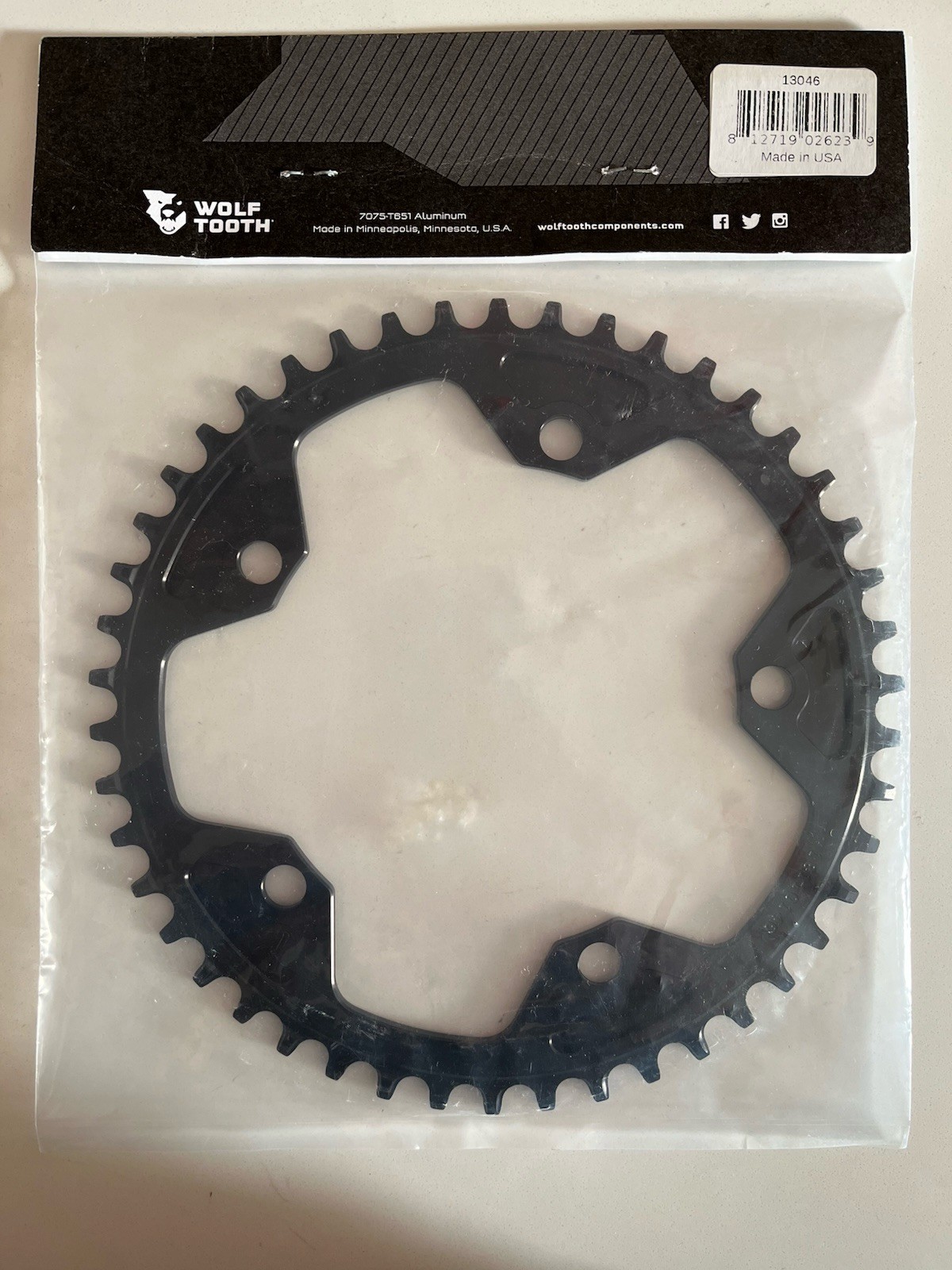 Wolf Tooth 46T Drop-Stop Chainring 130 BCD 7075-T651 Aluminum Black NEW