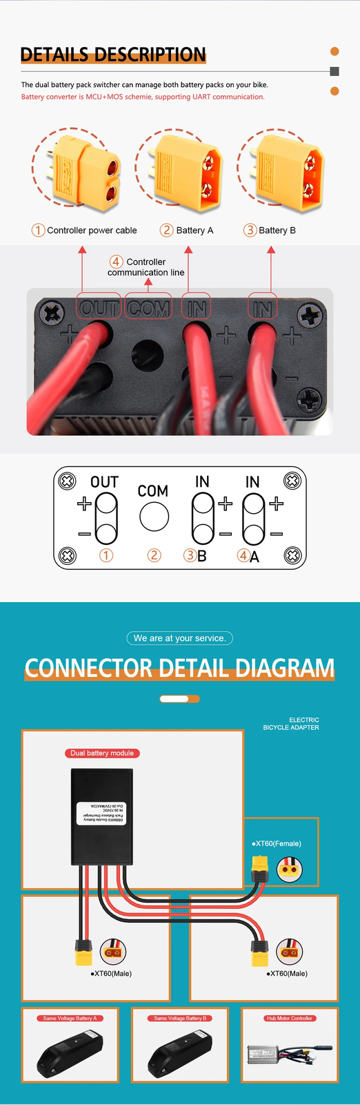 E-bike Dual Battery Connection Adapter Switcher Lncrease 20V-72V 20A/30A/40A