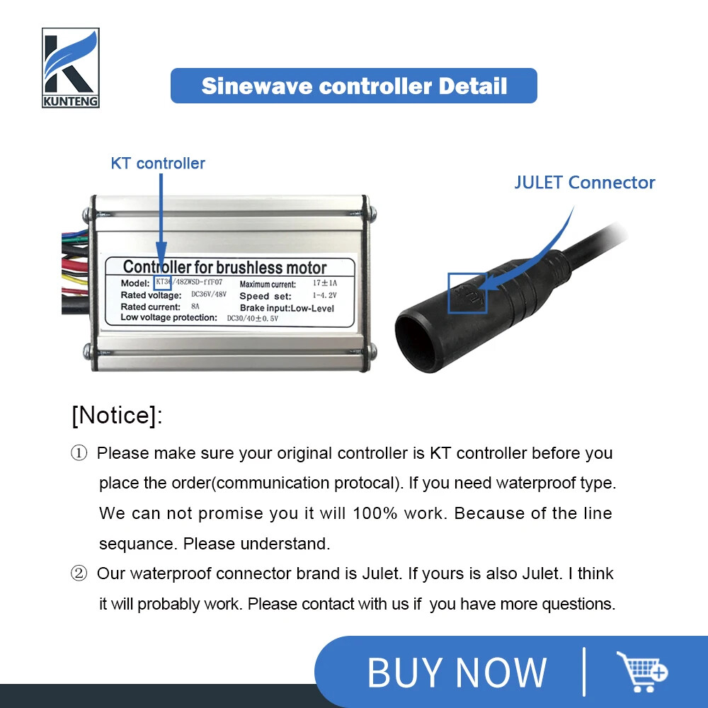 E-bike KT Controller 36 48V 250-1000W Sinewave SM/WP Plug Controller with Light