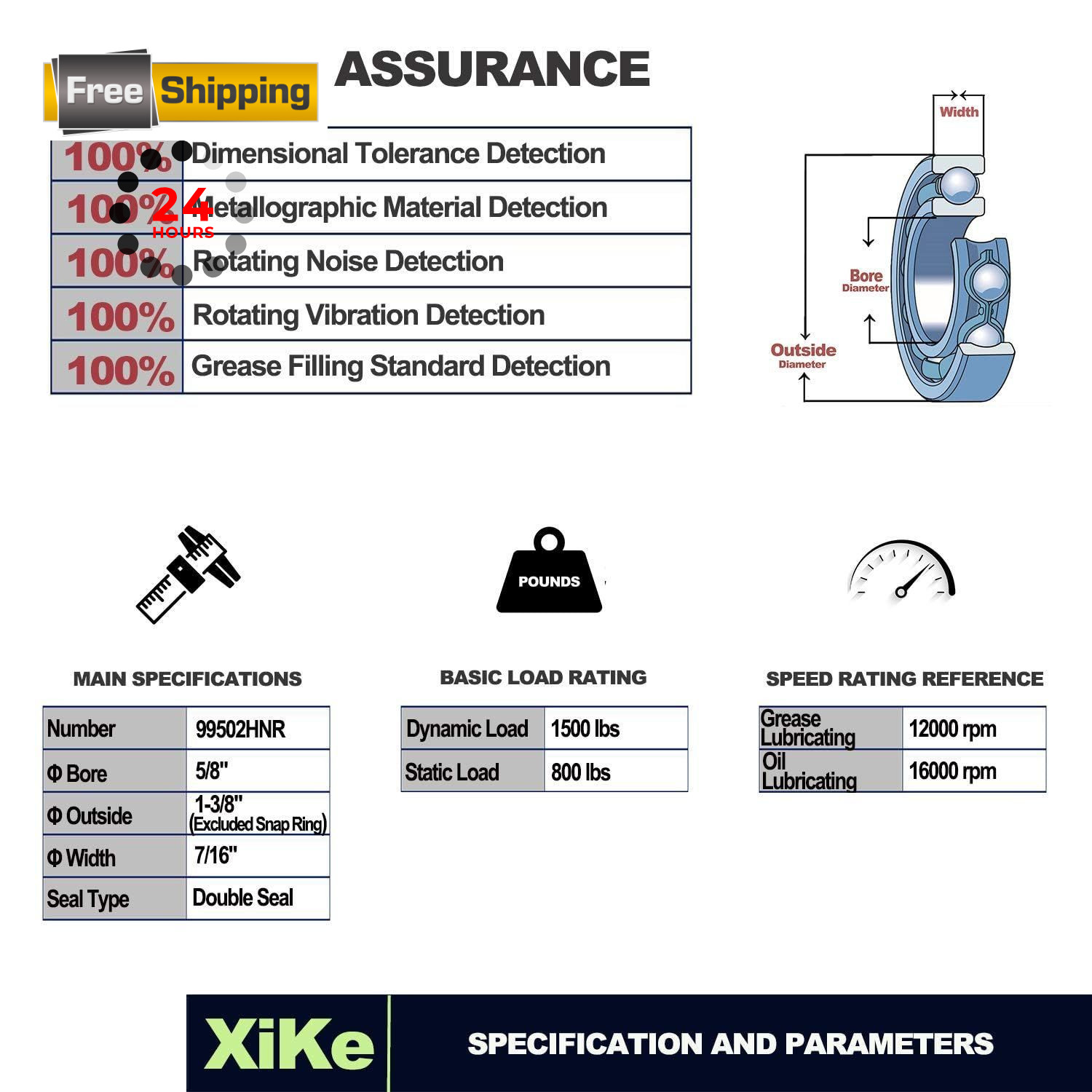 XiKe 4 Pack 99502HNR Bearing ID 5/8″ x OD 1-3/8″ x Width 7/16″, Replacement…