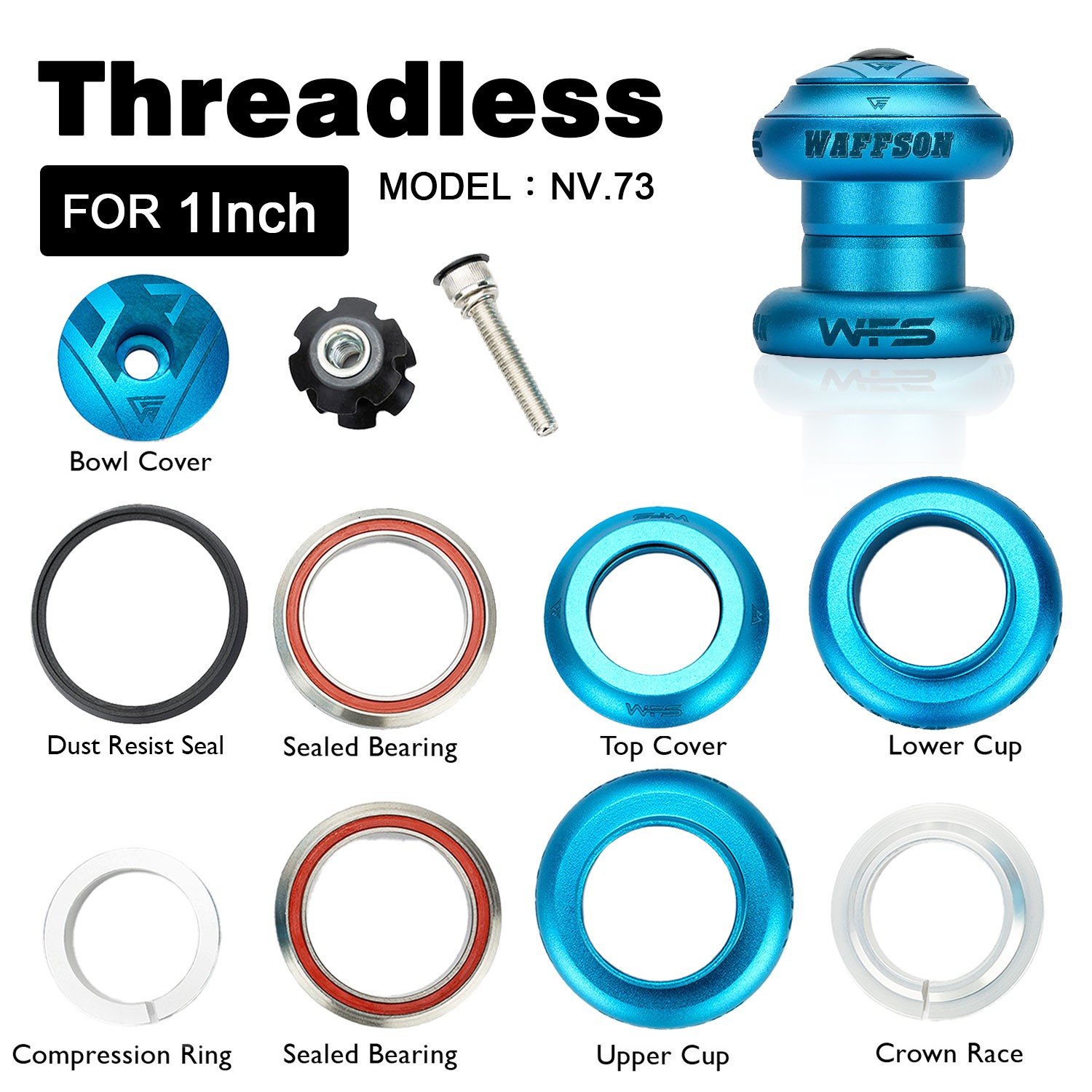 WFS NV.73 1 Inch CNC Alloy Threadless Headset with Top Cap , Blue