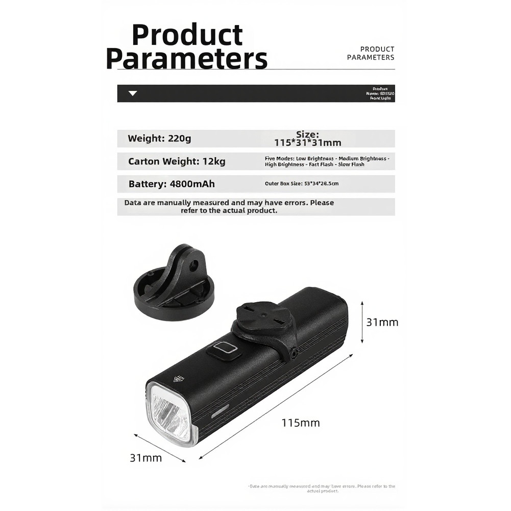 Compact Quick Release Bicycle Front Light 11.5×3.1×3.1cm Aluminum Black 220g