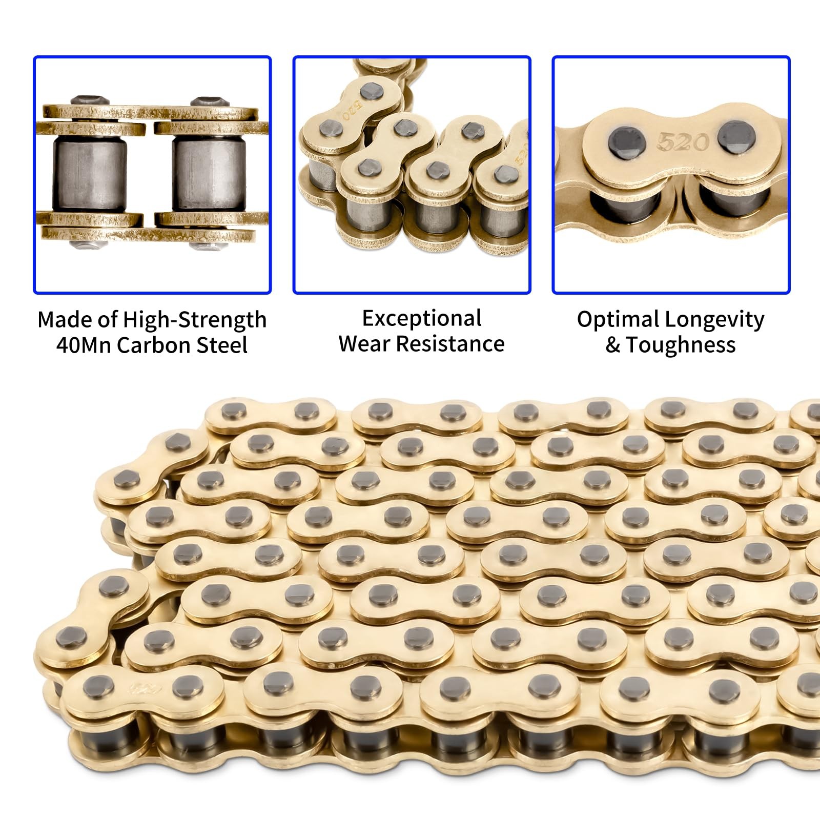 Belleone 520 Gold Motorcycle Chain 112 Links with Breaker, 520 112Link