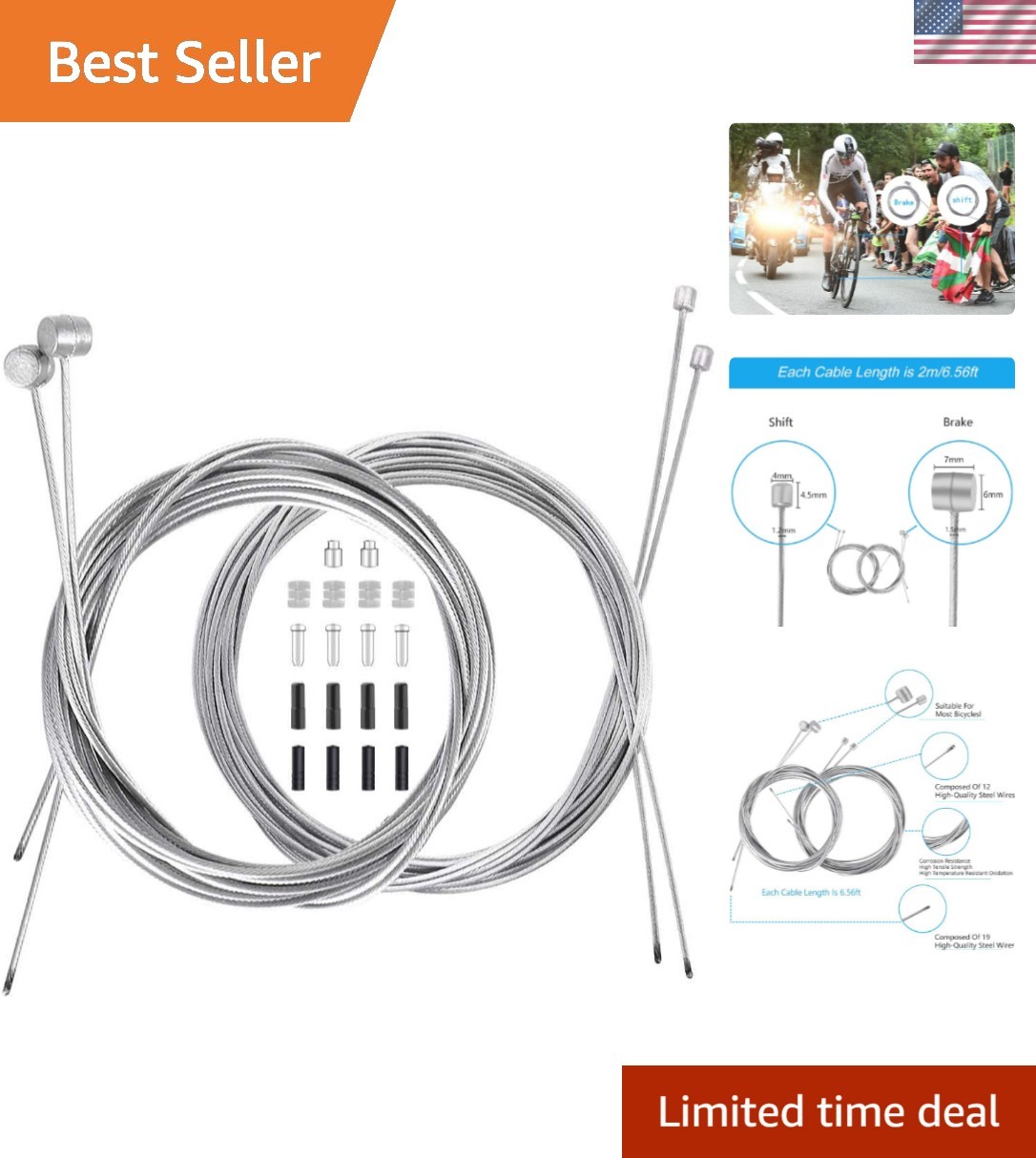 Bike Brake Cable Shifter Cable, Bicycle Gear Cable Wire for Mountain Bike, Bi…