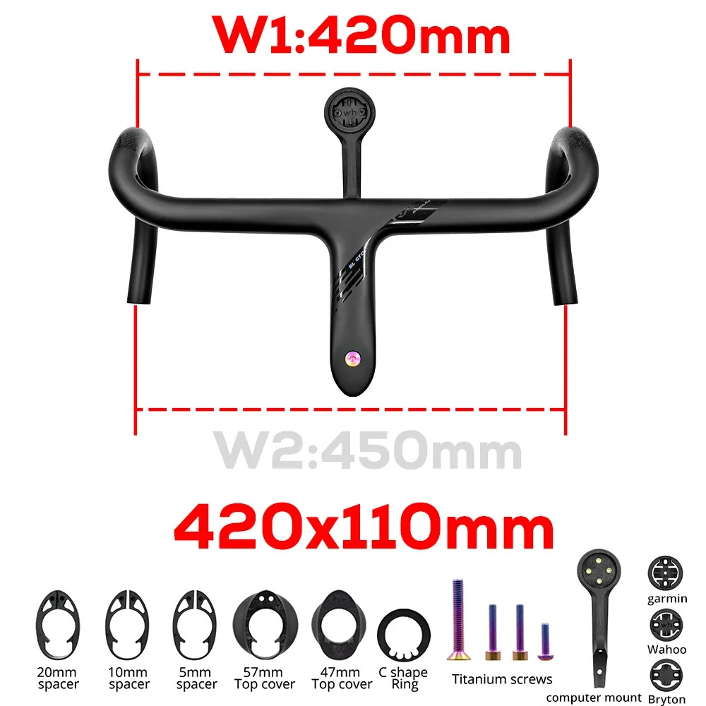 Full Carbon Integrated Road Bike Drop Bar -10 Degree Internal Cable 360mm-440mm