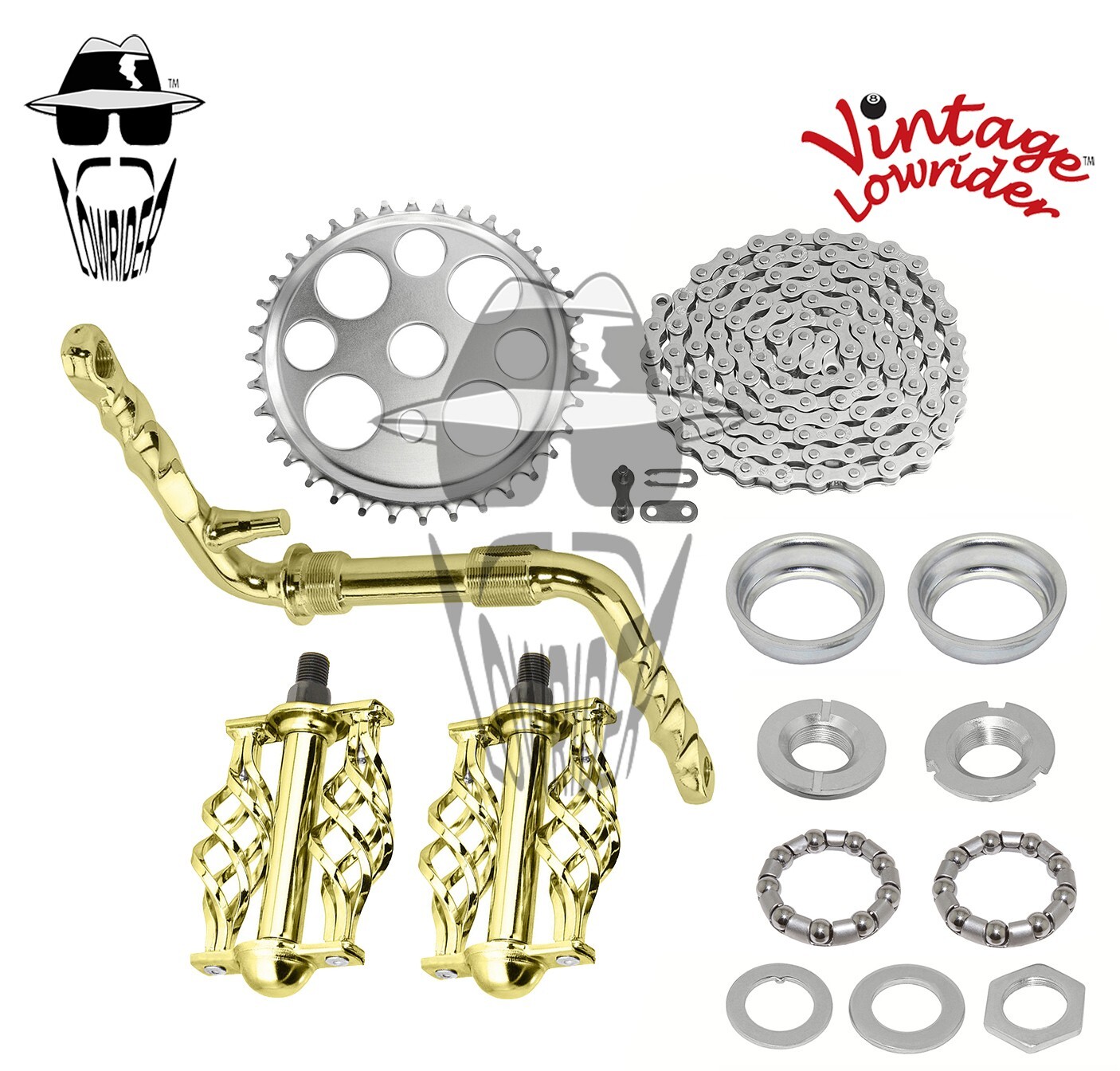 VINTAGE LOWRIDER – Twisted CRANK PKG – Lucky 7 Cage Pedal Gold/Chrome