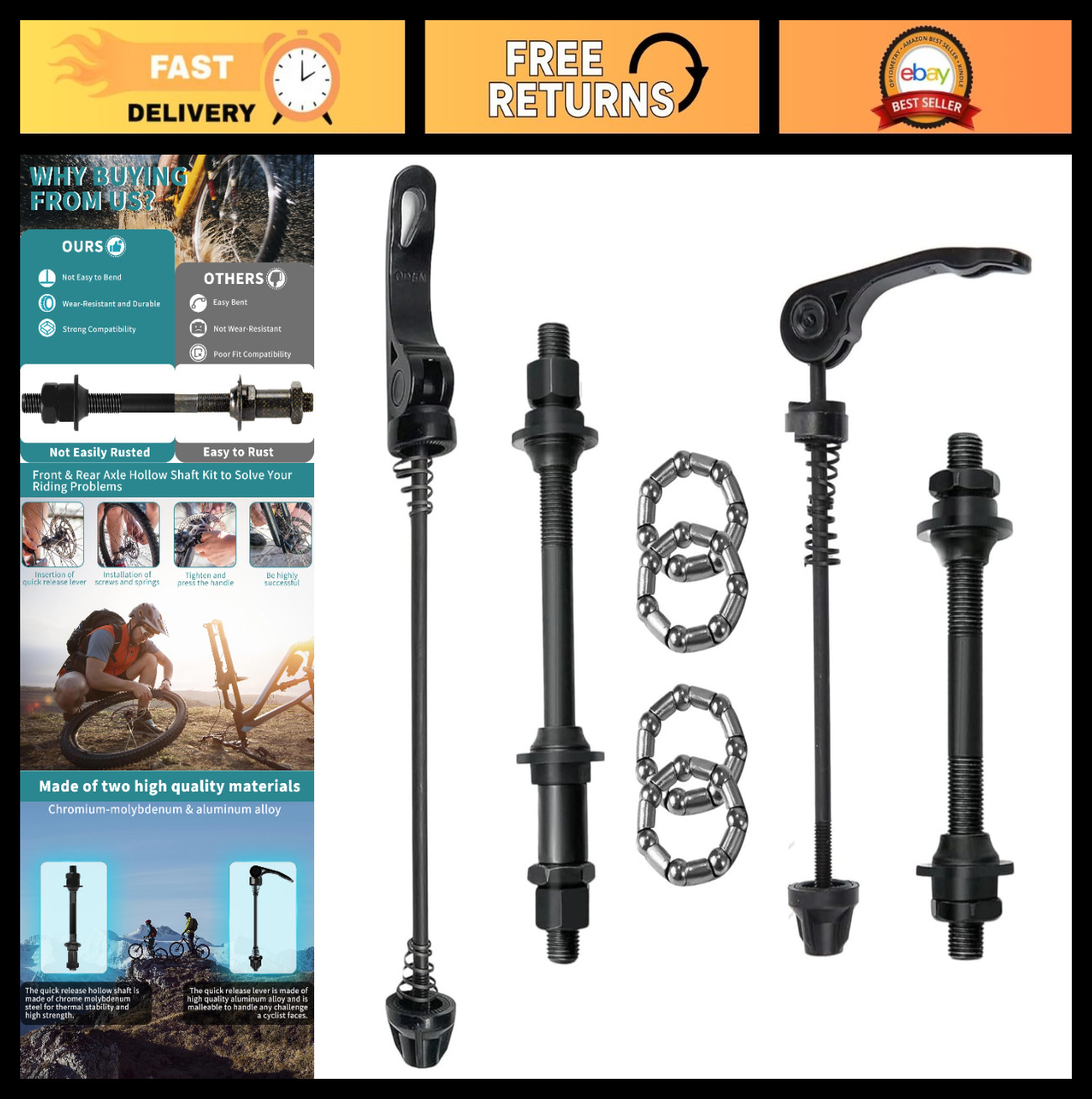MTB Quick Release Set – Front & Rear Axle for Road & Mountain Bikes, 25mm Steel