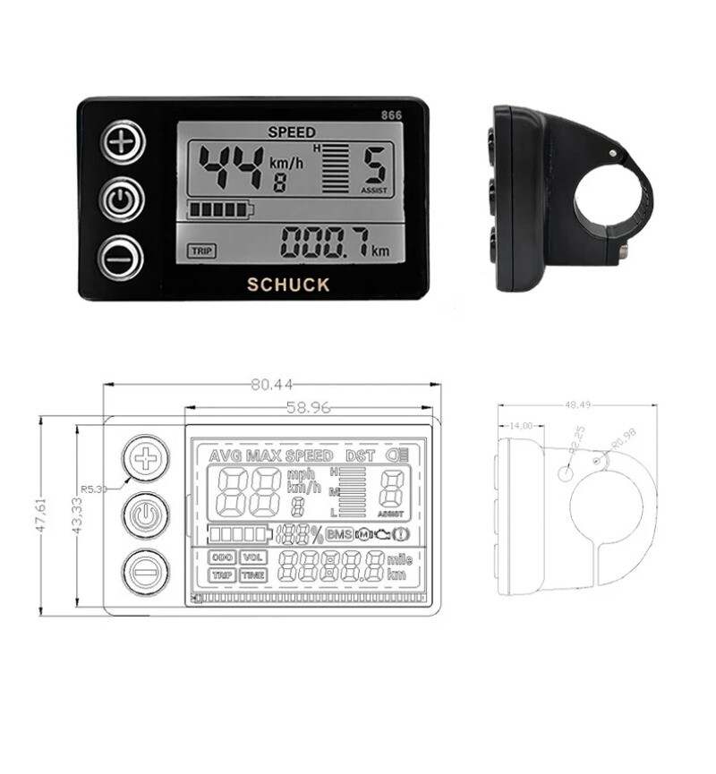 S866 LCD Display with 5 Pin Waterproof Female Connector for E-Scooter E-bike