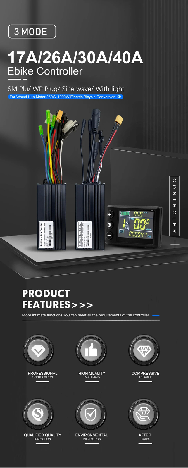 Three-Mode E-bike Sine Wave Controller 36V 48V 17/26/30/40A with LCD Display