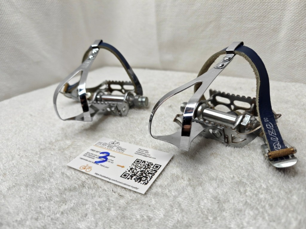 Vintage Sheffield Pedals 9/16 + Christophe Toe Clips Lapize Leather Straps – …