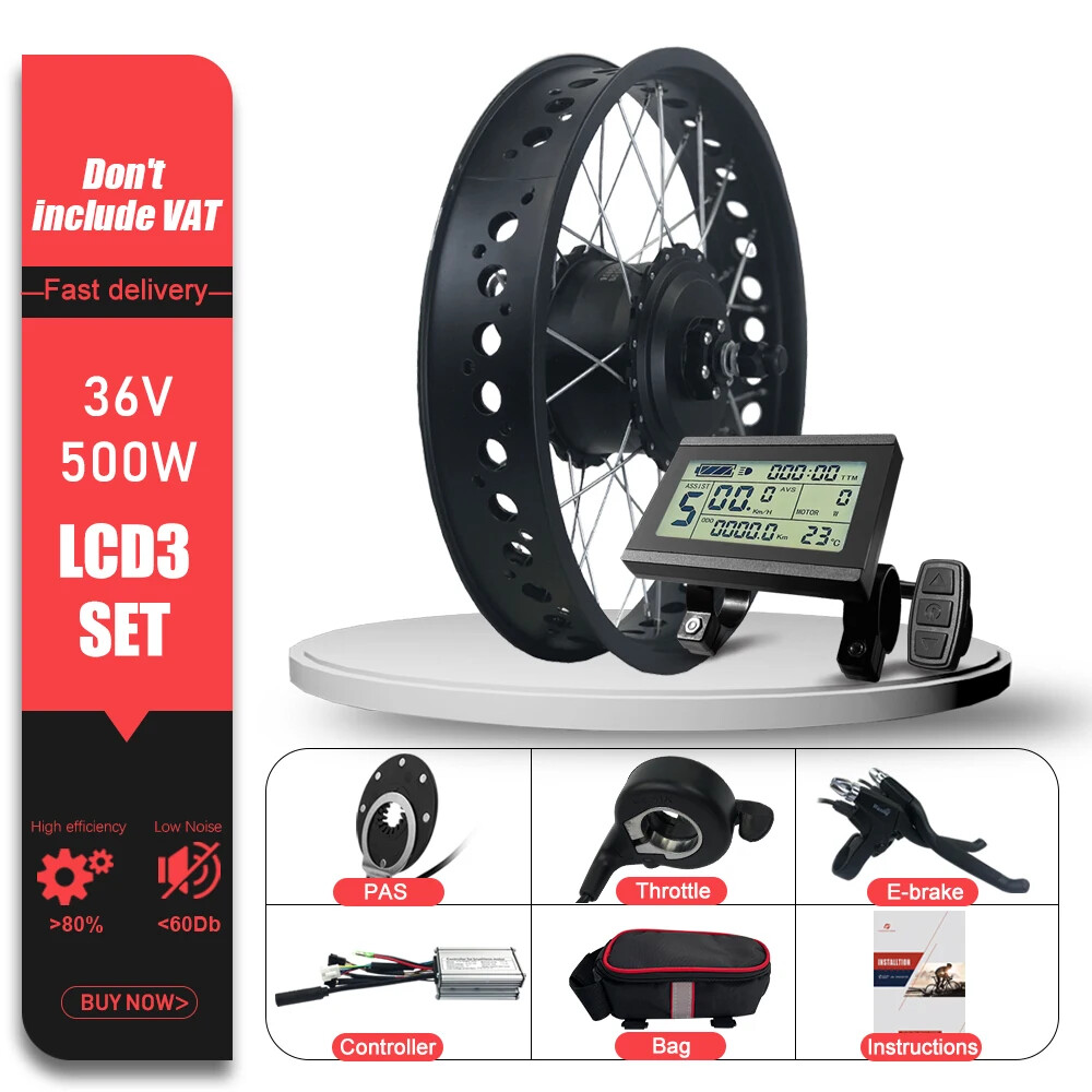 Snow E-bike Conversion Kit 20/26 in 36V 48V 500W Front Brushless Hub Motor Wheel