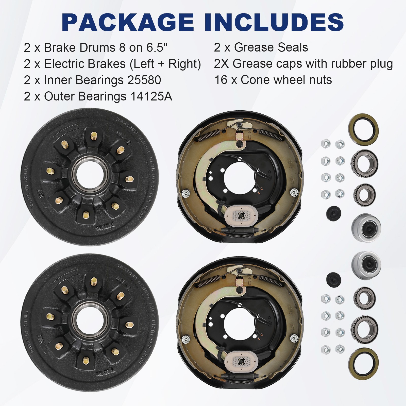 8 on 6.5″ Bolt Circle Hub Drum Kits w/ 12″ x 2″ LH&RH Electric Brake for 7000lbs