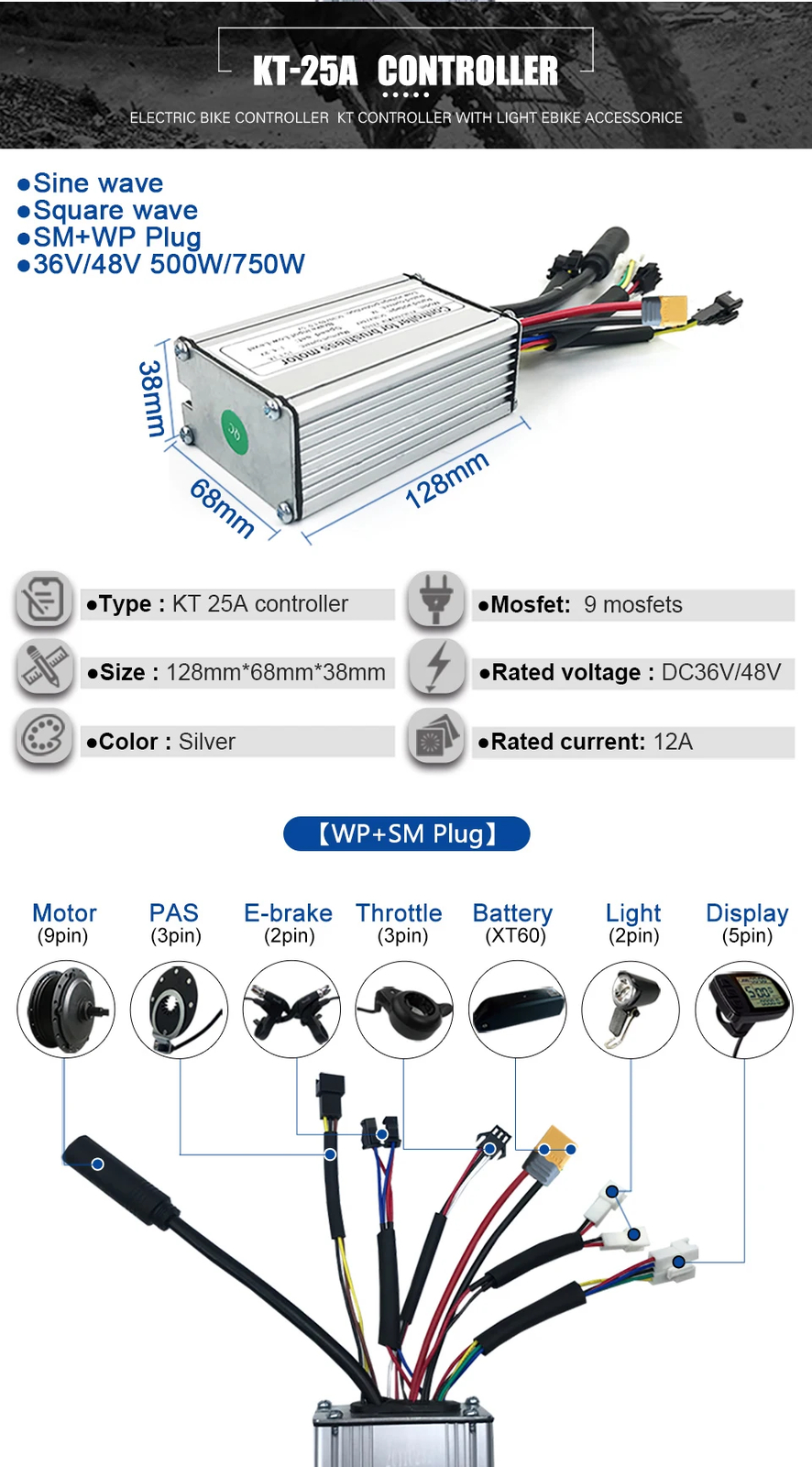 KT Ebike Controller 36V 48V 15A/17A/22A/25A Square/Sinewave Controller 250W-750W