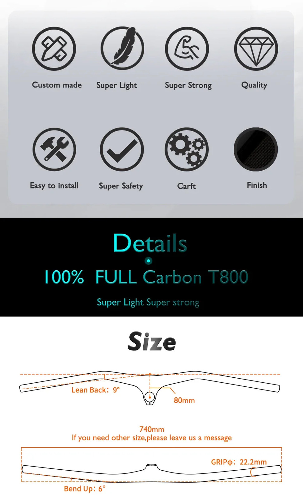 MTB Bicycle Integrated Carbon Fiber Handlebar with Stem -8/-17/-25 Degree 740mm