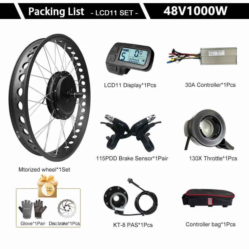 20/24/26inch 48V 1000W Snow E-bike Conversion Kit Gearless Front Wheel Motor