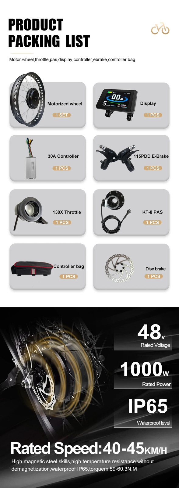 20/24/26inch 48V 1000W Snow E-bike Conversion Kit Gearless Front Wheel Motor