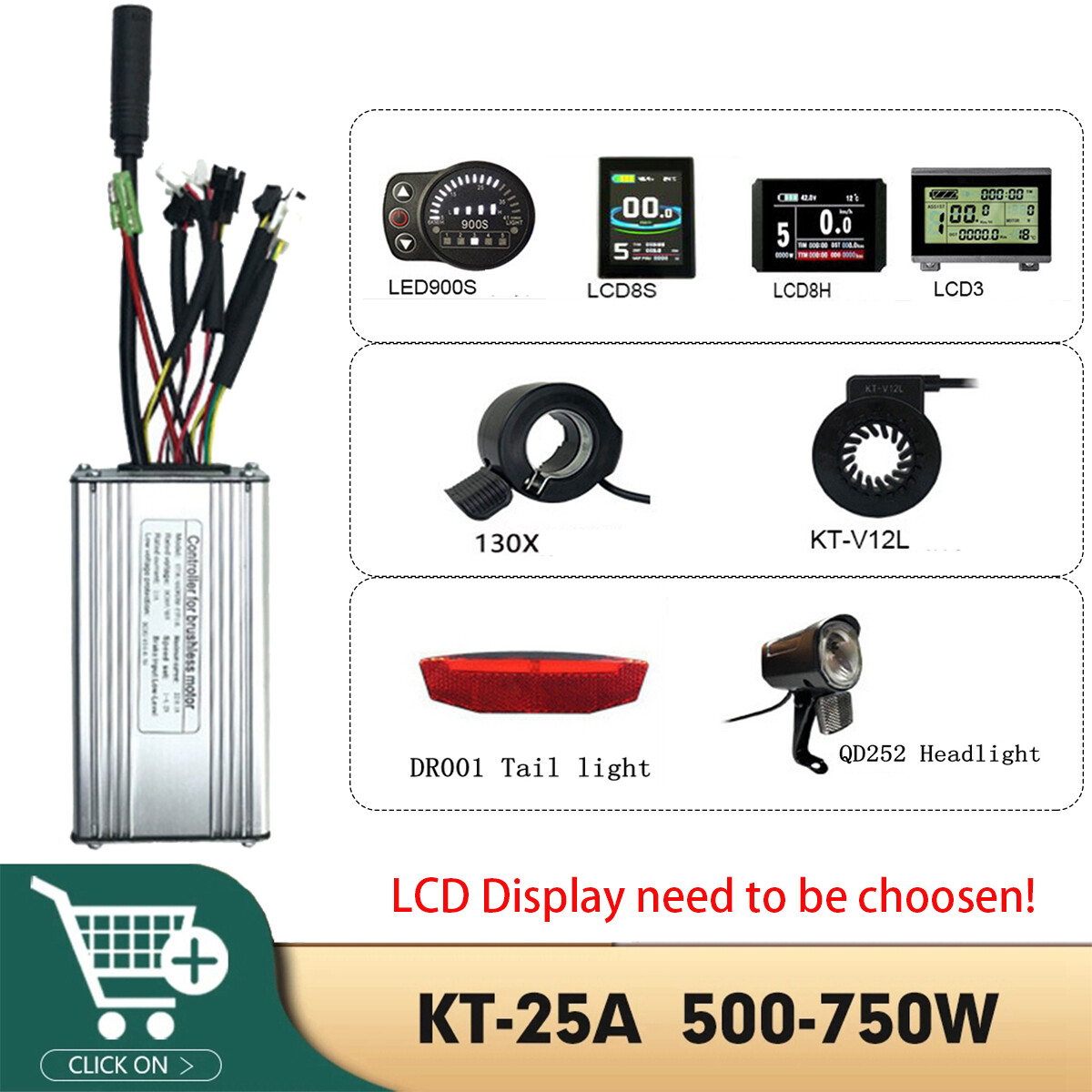 6 in 1 Ebike KT-25A 500W-750W Controller & LCD Display +HeadLight Tail lights