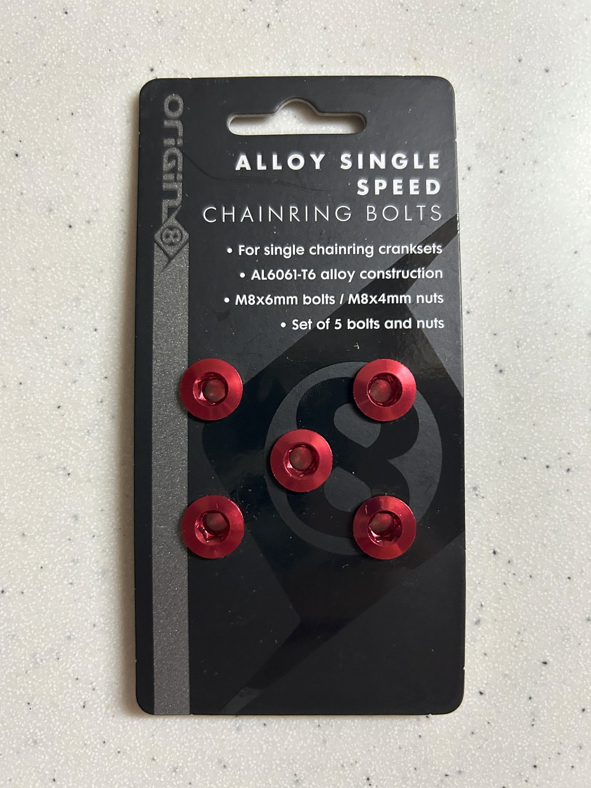 5-Count Origin8 Silver Steel Chrome Plated Single-Speed Chainring Bolts (Red)