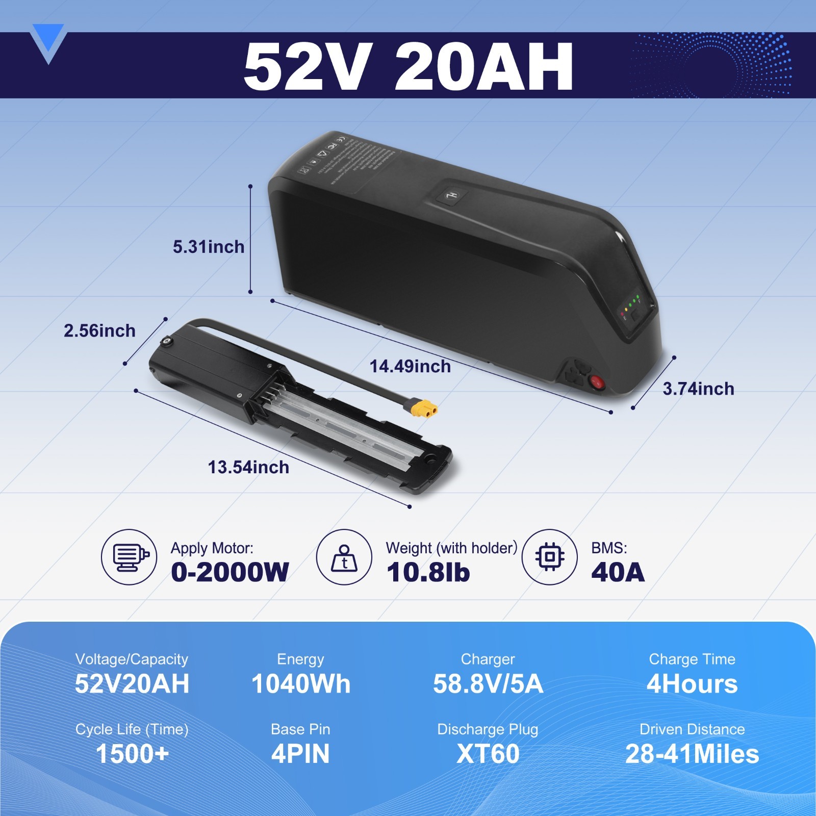 52V/48V/36V 20AH/15AH/10AH Ebike Lithium Battery For Electric Bike 0-2000W Motor