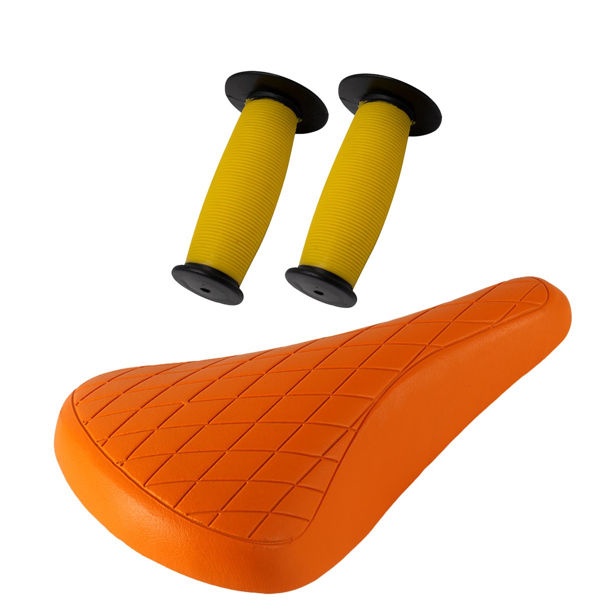 PRO+ Orange Diamond Saddle & Yellow/Black Mushroom Grips BMX BIKE