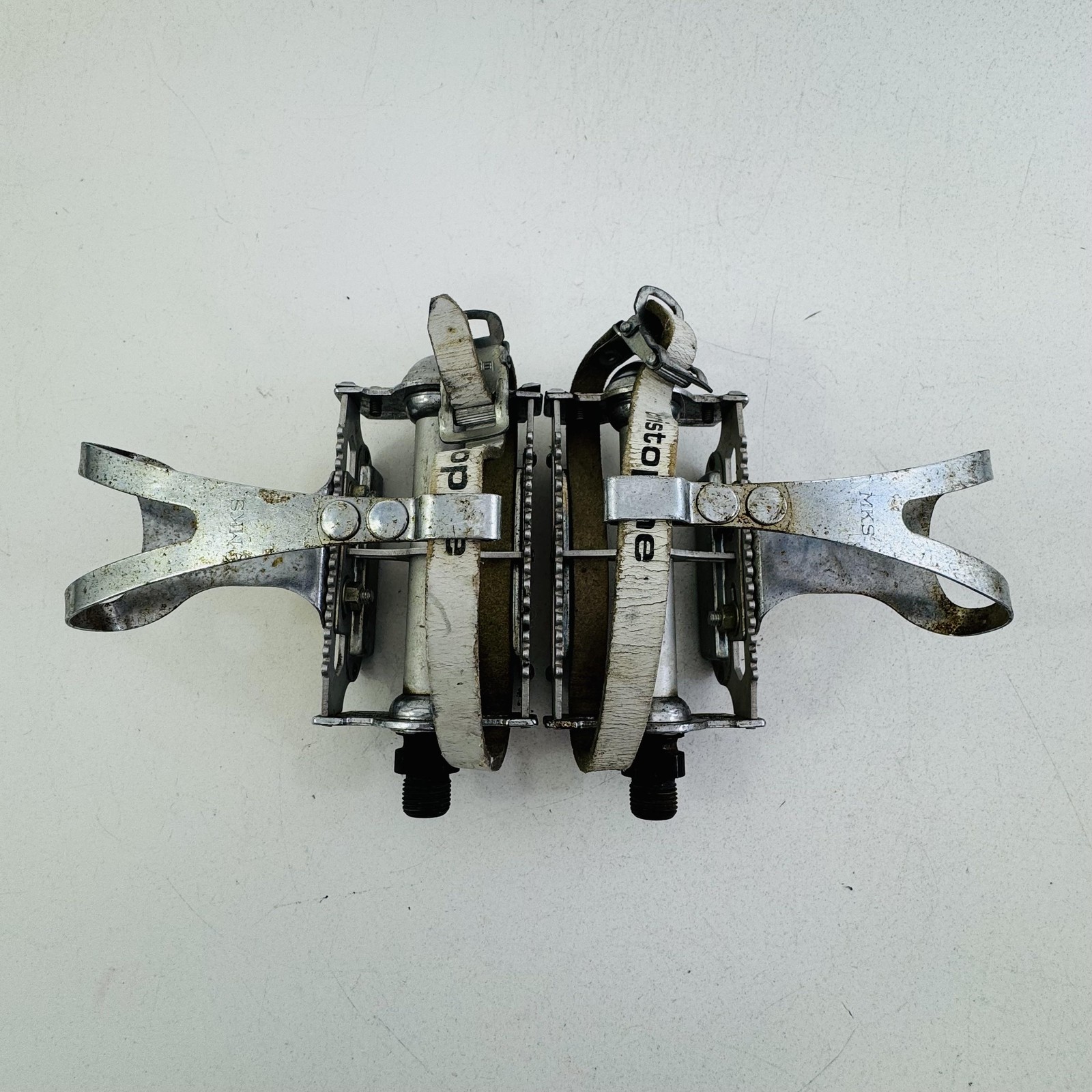 Vintage MKS K11A Platform Pedals Christophe Toe Clips Straps 9/16 In Silver A96