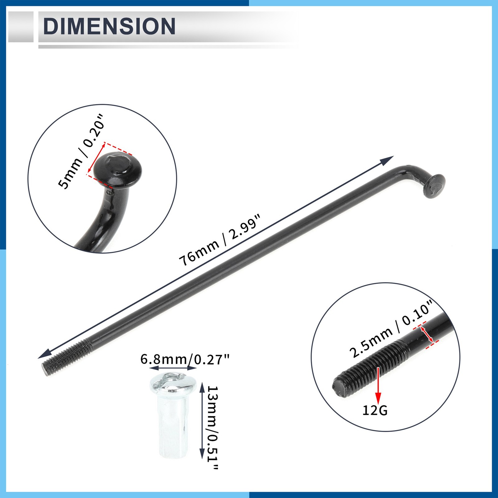1 Set 12G 76mm Length Bicycle Spokes Nipple Carbon Steel Universal
