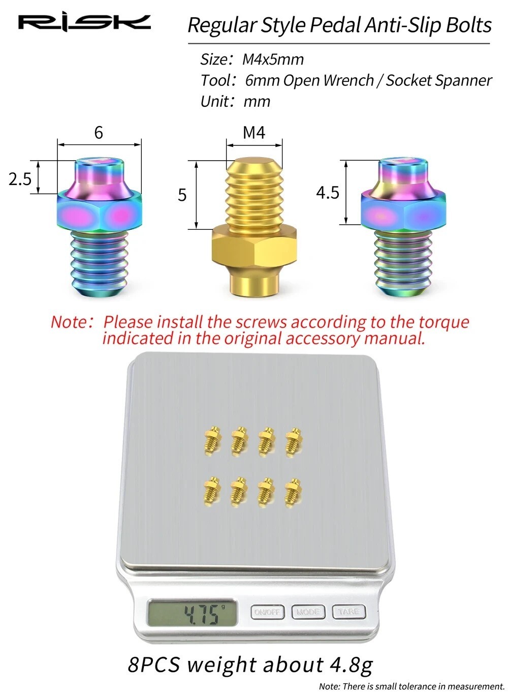RISK 8-Piece MTB Bike Pedal Bolts M4×5MM Titanium Anti-Slip Pedal Pins
