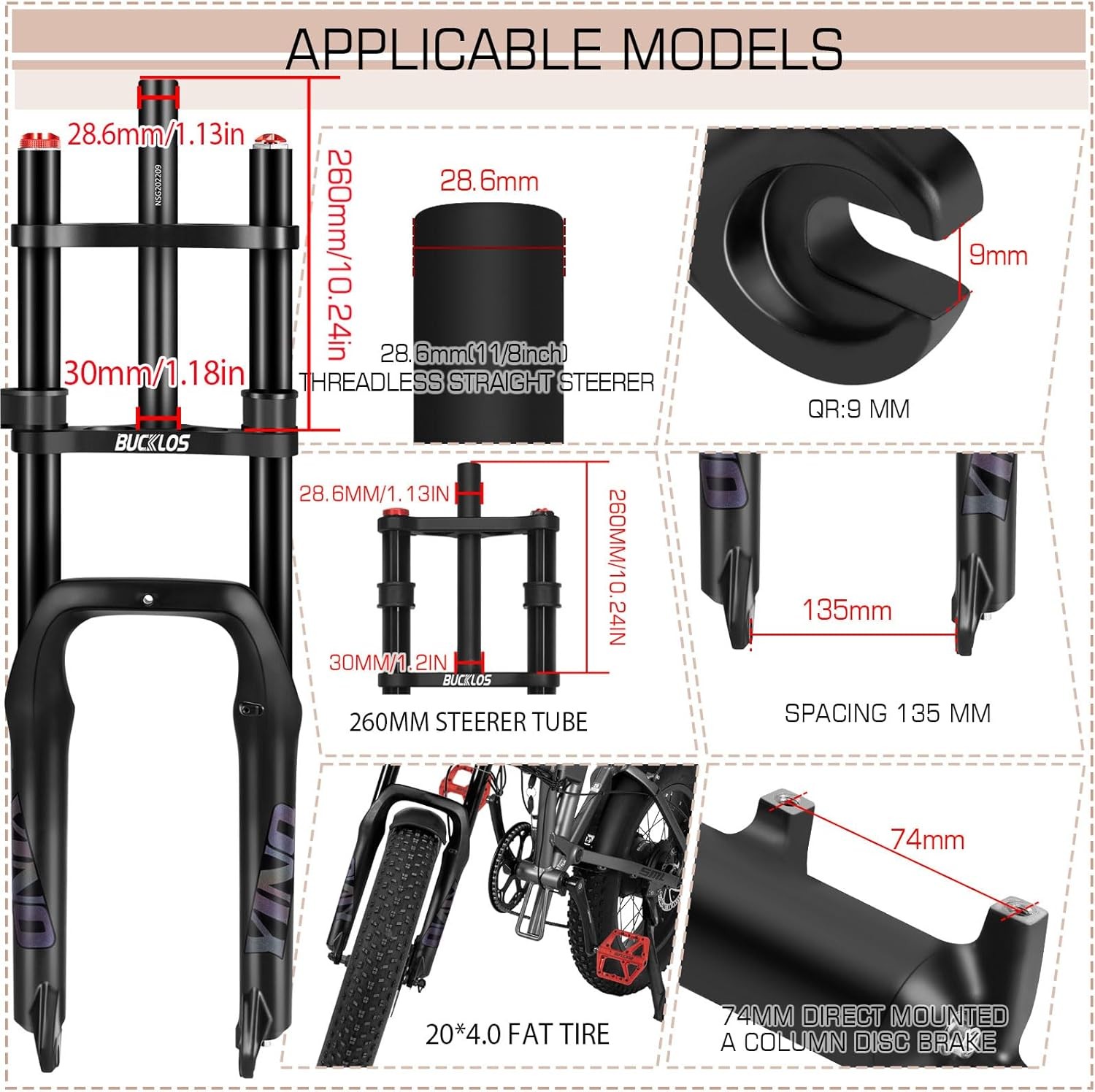 BUCKLOS 20″ Fat Tire E-Bike Suspension Fork 180mm Travel 135mm Hub