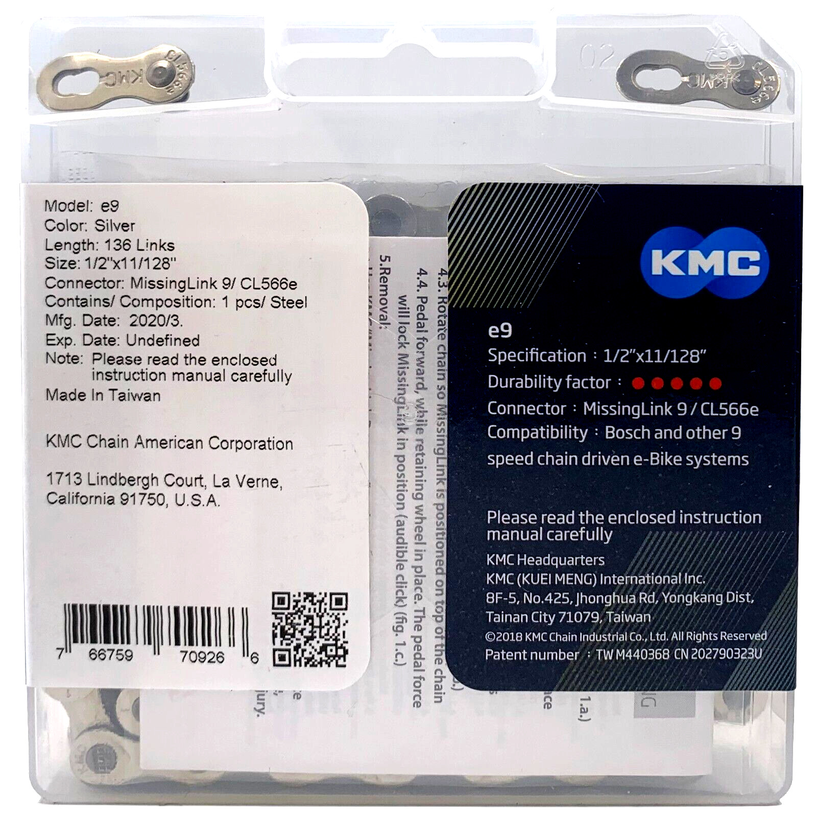 KMC e9 9 Speed Silver Bike Chain e-Bike Ready 136L extra long strong chain