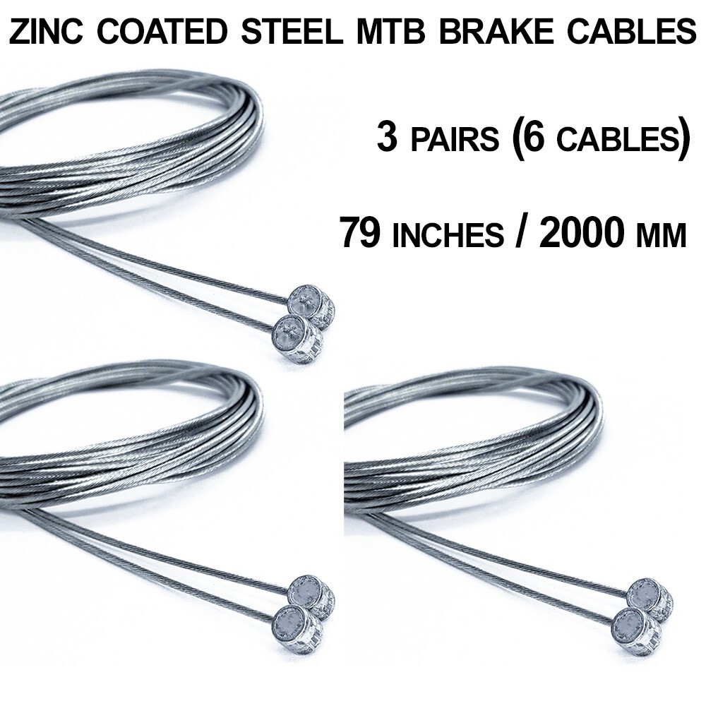 Bicycle Zinc Coated Steel MTB Brake Cables – 2000mm, 79in – 3 pairs (6 cables)