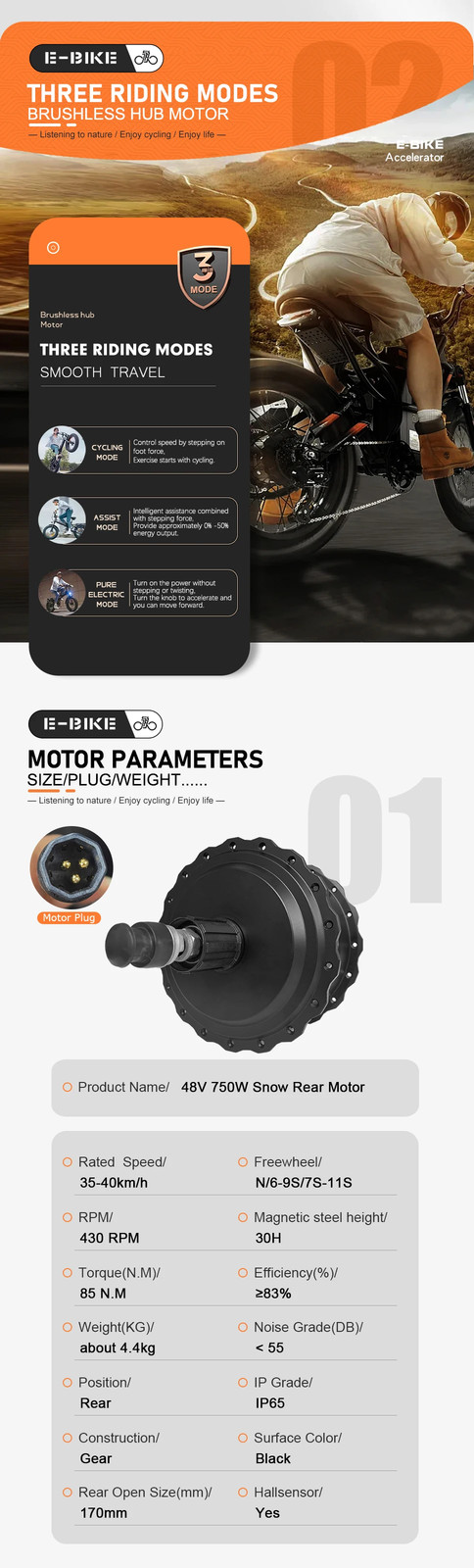 48V 750W 20-26er Snow Electric Fat Bike 4.0 Tire Rear Brushless Hub Motor Wheel