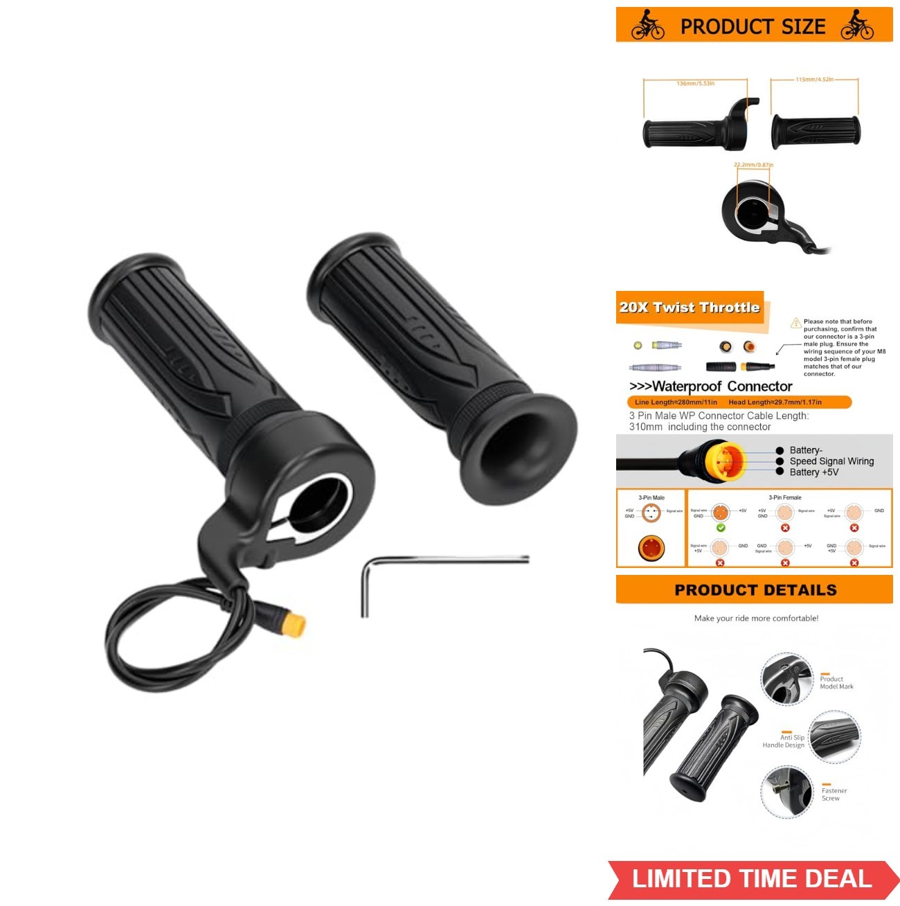 EBike Full Twist Throttle 3 Pin Waterproof 12V-72V Electric Scooter Accelerator