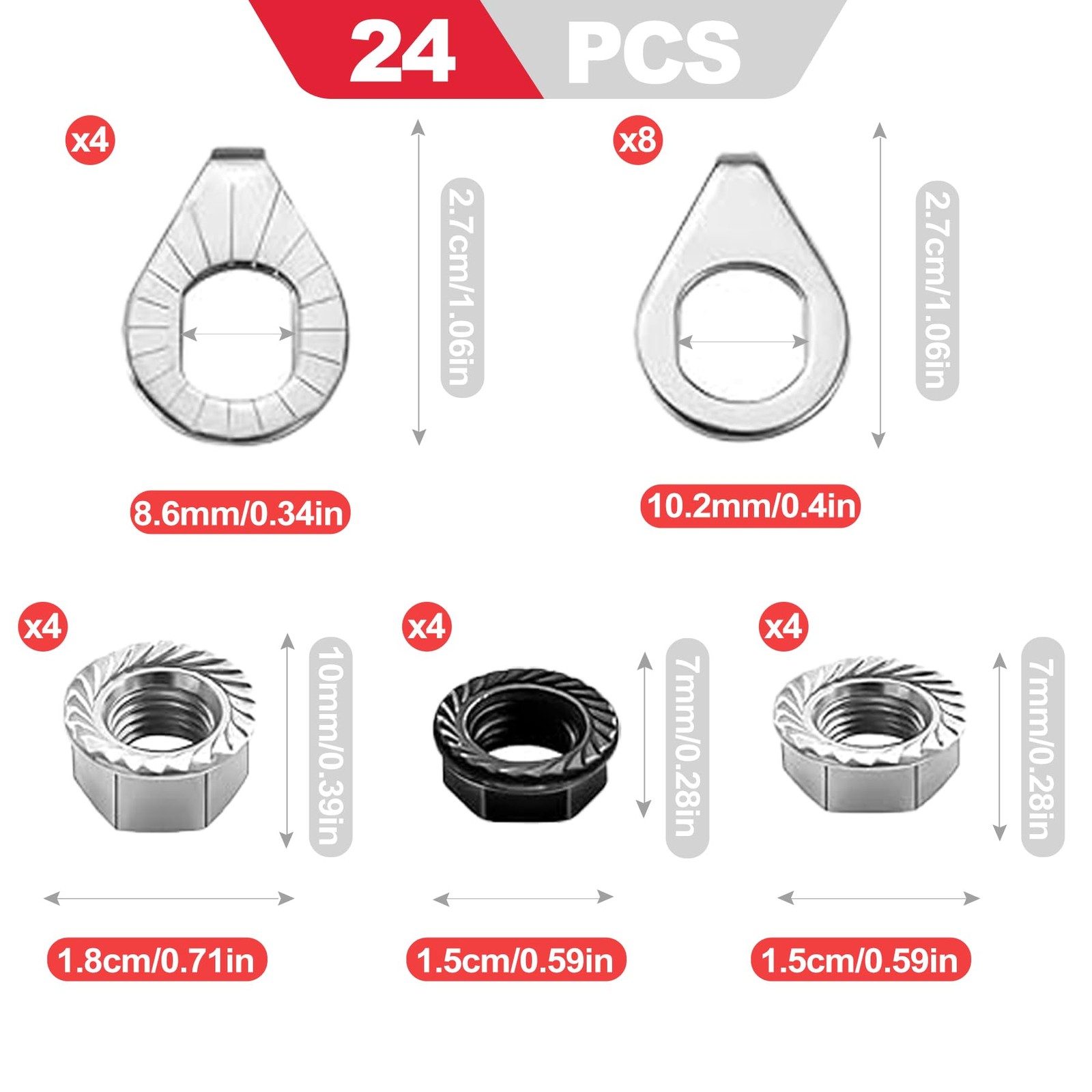 24 Pack M8 M9.5 M10 Bike Axle Nut Washer Kit Universal Bicycle Hardware Set