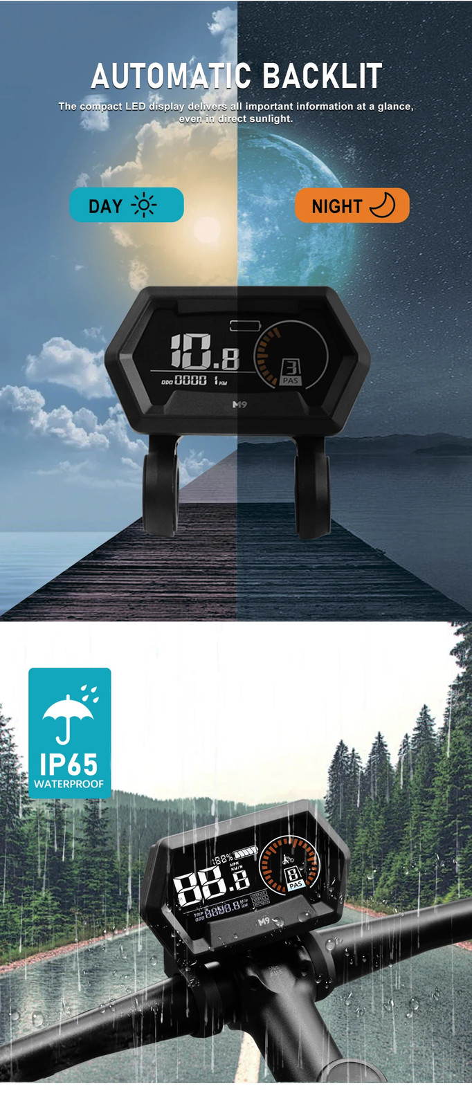 Electric Bicycle LCD Display M9 24V 36V 48V 52V 60V 72V SM/Waterproof Plug Use