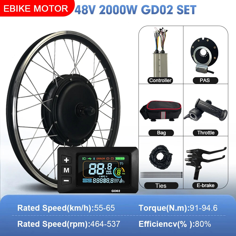 E-bike Conversion Kit 48V 2000W Brushless Gearless Front Rear Hub Motor Wheel