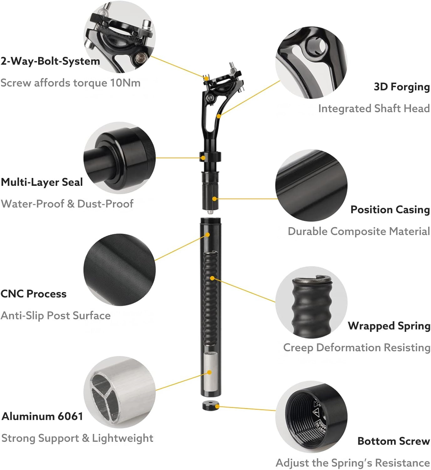 Suspension Seatpost 27.2 – 33.9 400Mm, Adjustable Two-Way-Bolt Clamp, Reduce Win