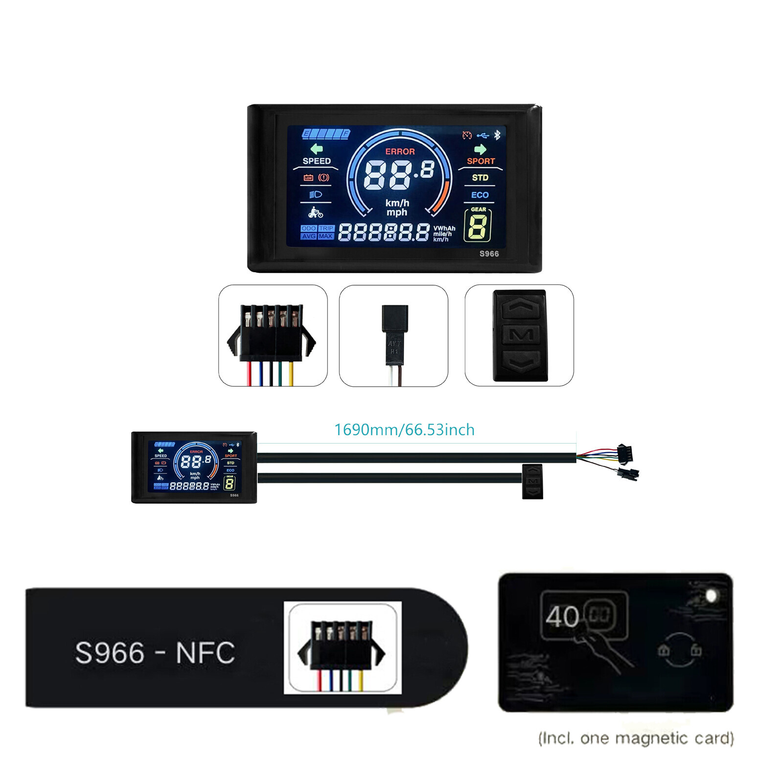 E-bike 24V-72V S966 Colour Display Power Speed Meter Control Panel with NFC 5pin