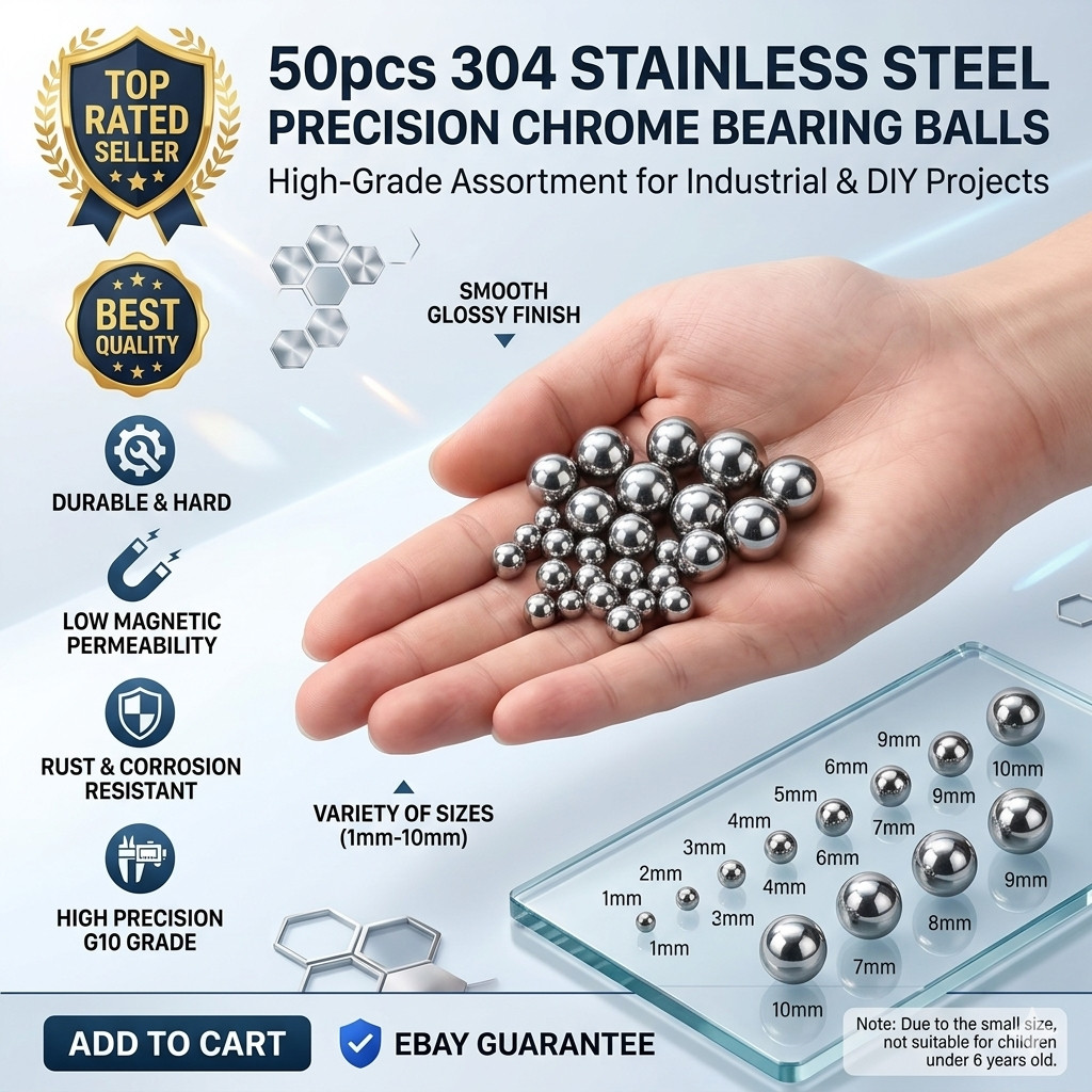 50PCS 304 Stainless Steel Bearing Balls Precision Solid Steel Ball Assortment