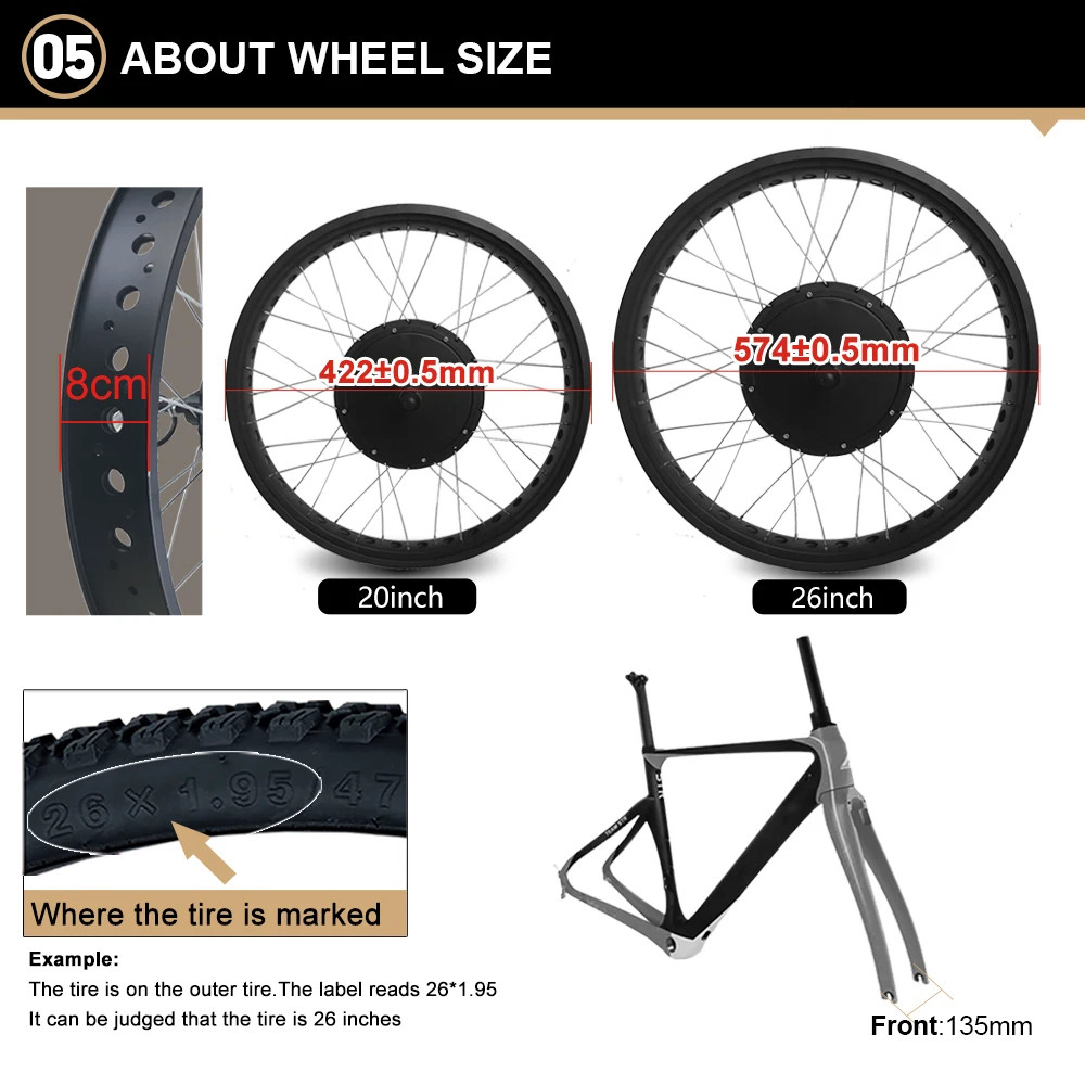 20/24/26inch 48V 1000W Snow E-bike Conversion Kit Gearless Front Wheel Motor