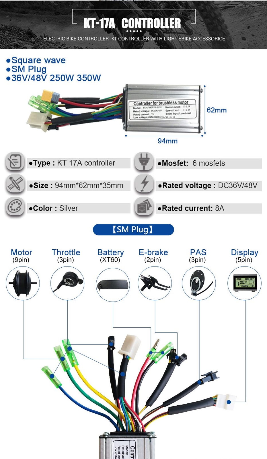 Electric Bike Controller 24V 36V 48V 250W-1500W Squarewave Controller